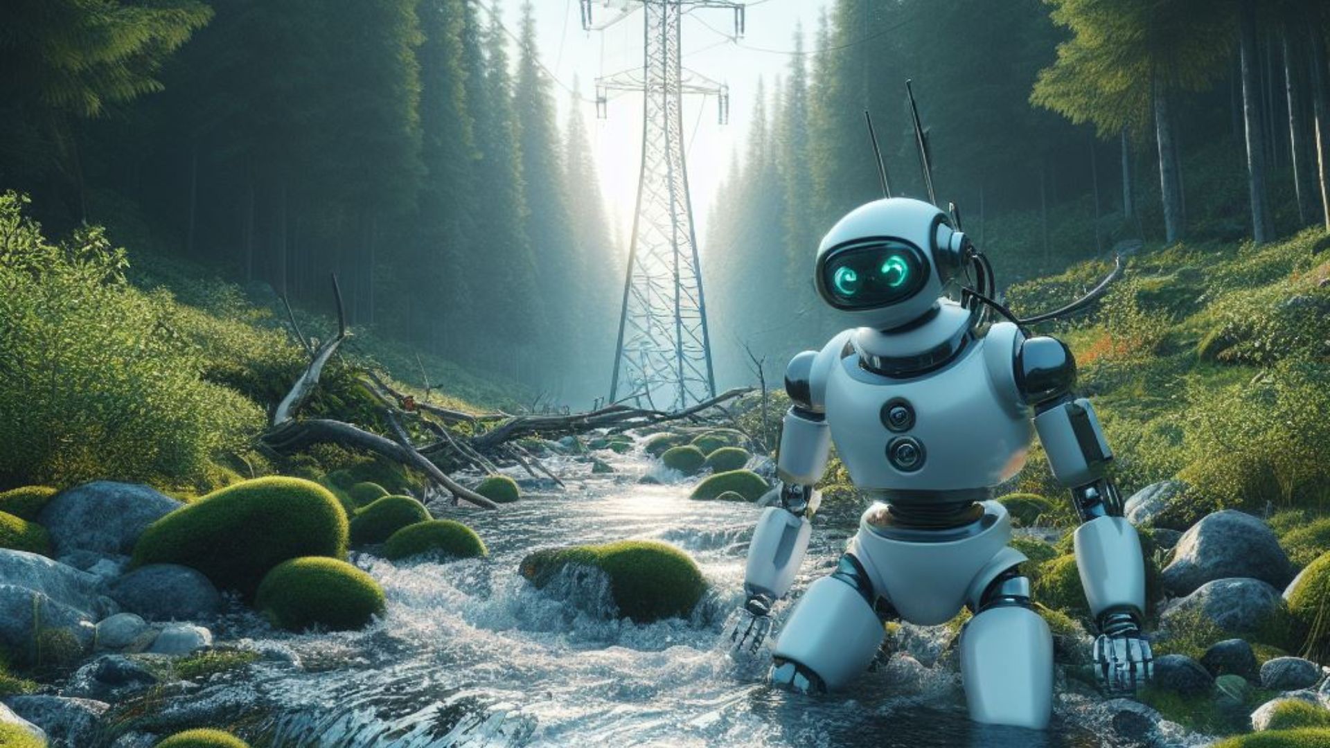 Robot en el bosque con un chorro de agua y líneas eléctricas.