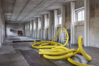 yellow hose sculpture in gallery