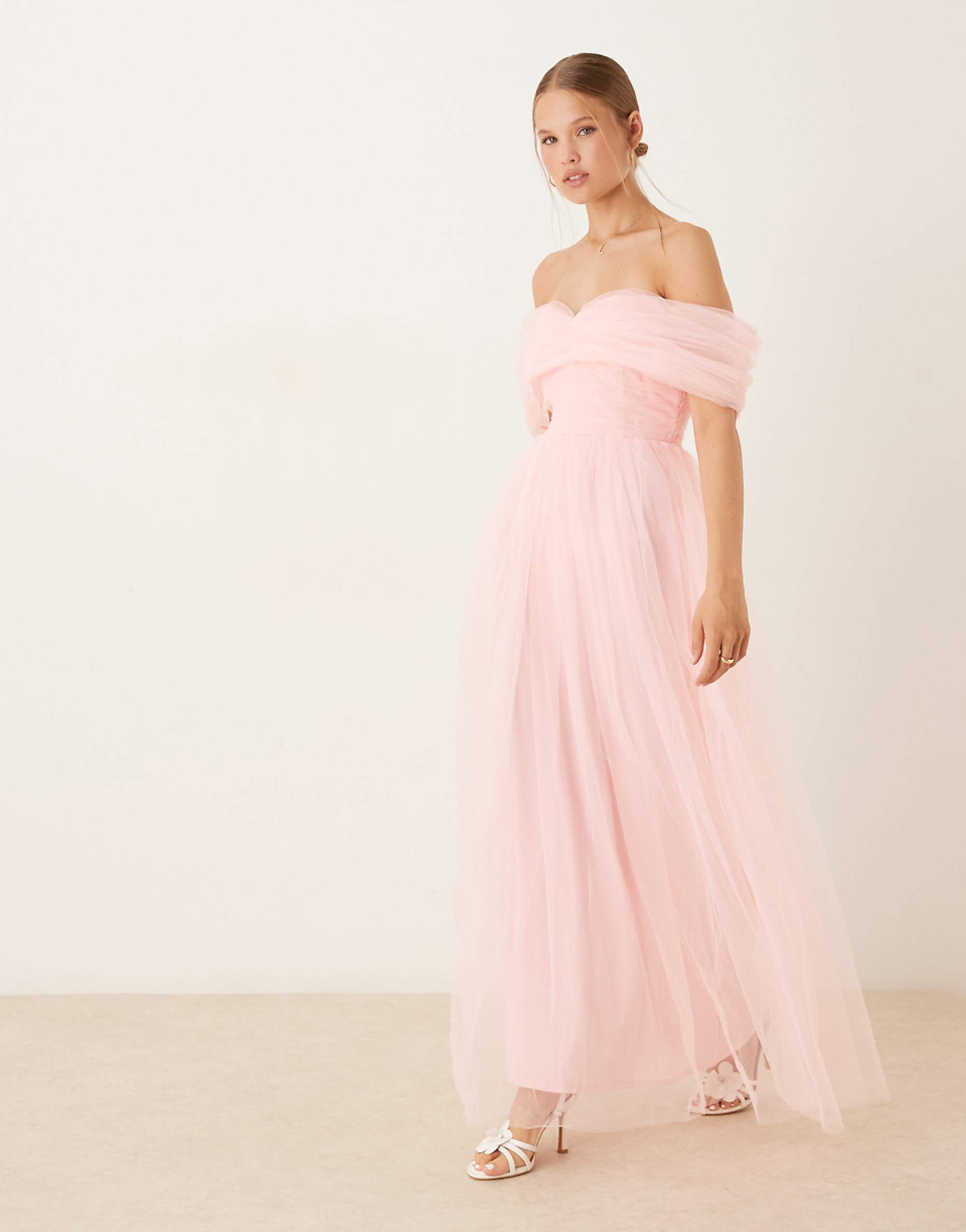 Lace & Beads Bow Off the Shoulder Tulle Maxi Dress in Baby Pink