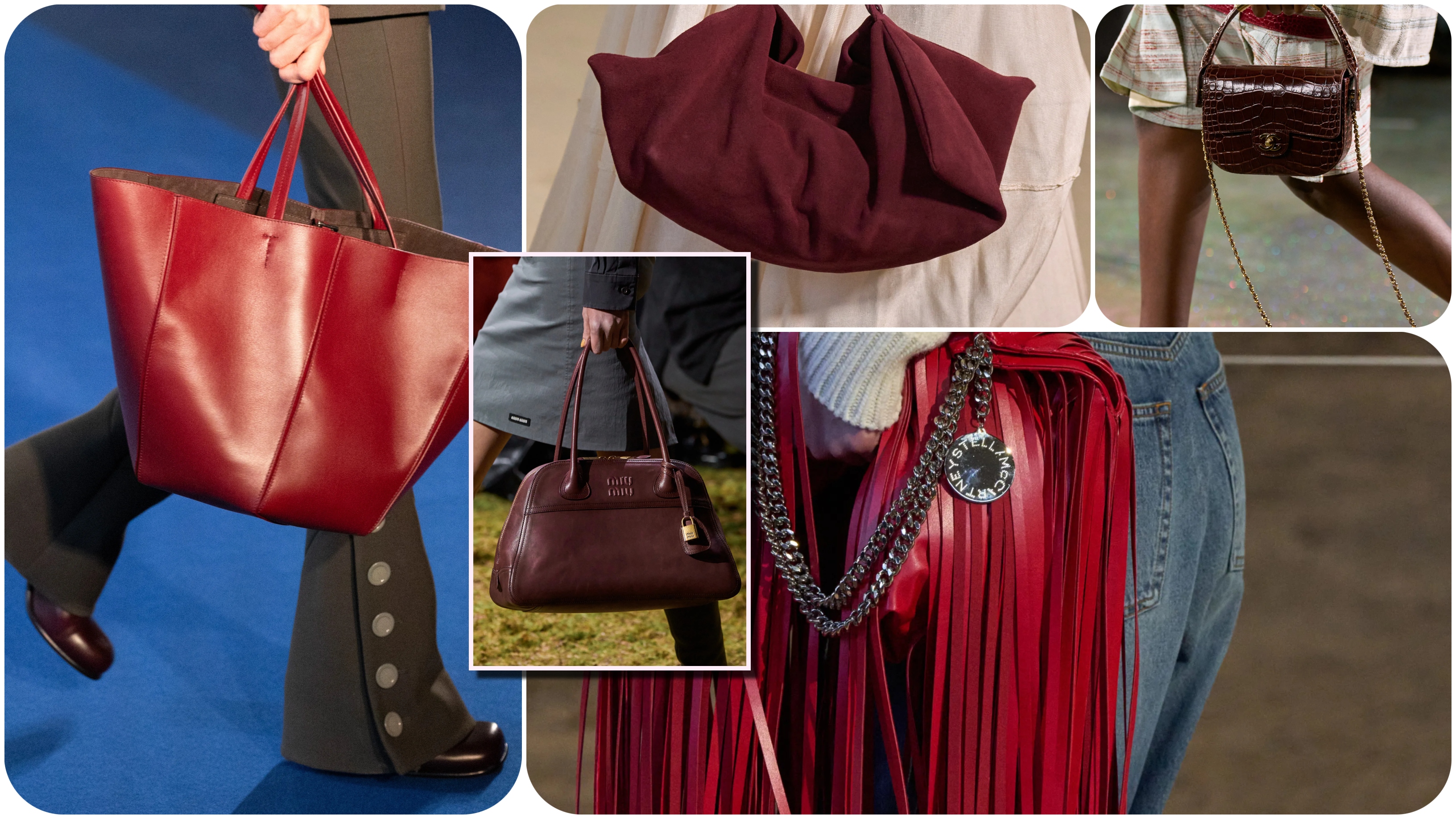 Collage of burgundy bag trends for fall 2026, including leather totes, shoulder bags, and top-handle handbags.