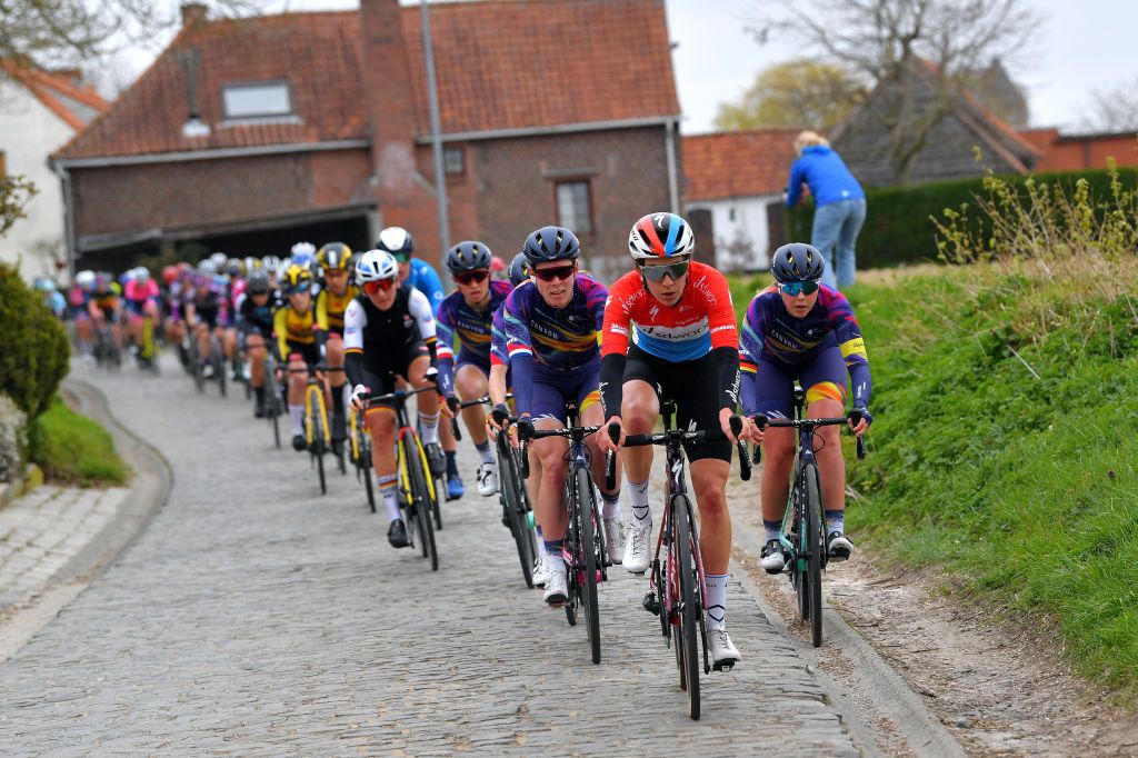OUDENAARDE BELGIUM APRIL 04 Hannah Barnes of United Kingdom and Team Canyon SRAM Racing Christine Majerus of Luxembourg and Team SD Worx Lisa Klein of Germany and Team Canyon SRAM Racing during the 18th Ronde van Vlaanderen Tour of Flanders 2021 Womens Elite a 1524km race frim Oudenaarde to Oudenaarde Cobblestones RVV21 rondevanvlaanderen tourofflanders UCIWWT on April 04 2021 in Oudenaarde Belgium Photo by Luc ClaessenGetty Images