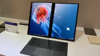 Asus Zenbook Duo (2025) in landscape mode on a desk at CES 2025