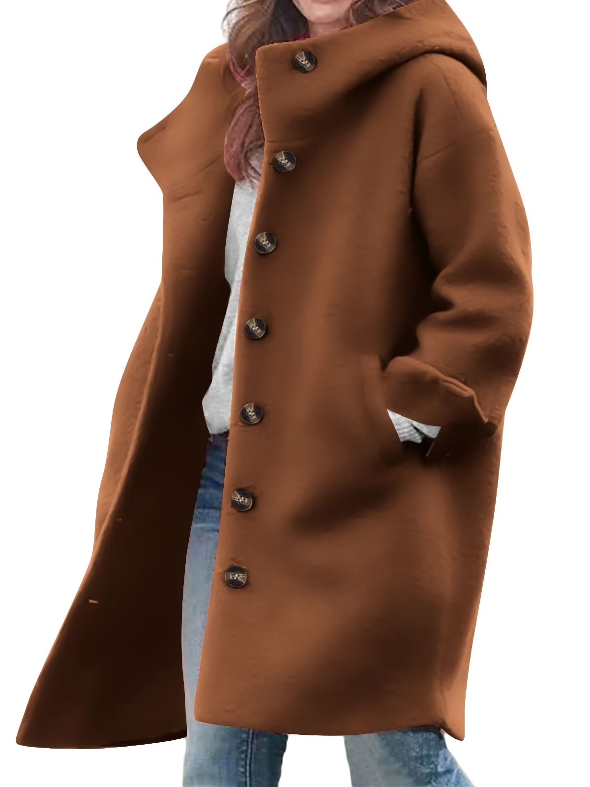 Hueook, Hueook Puffer Hooded Jackets Coats for Women 2025 Women&#039;s Casual Solid Color Tops Coats Long Sleeve Button Hooded Woolen Coat Jacket With Pocket Coffee 2x