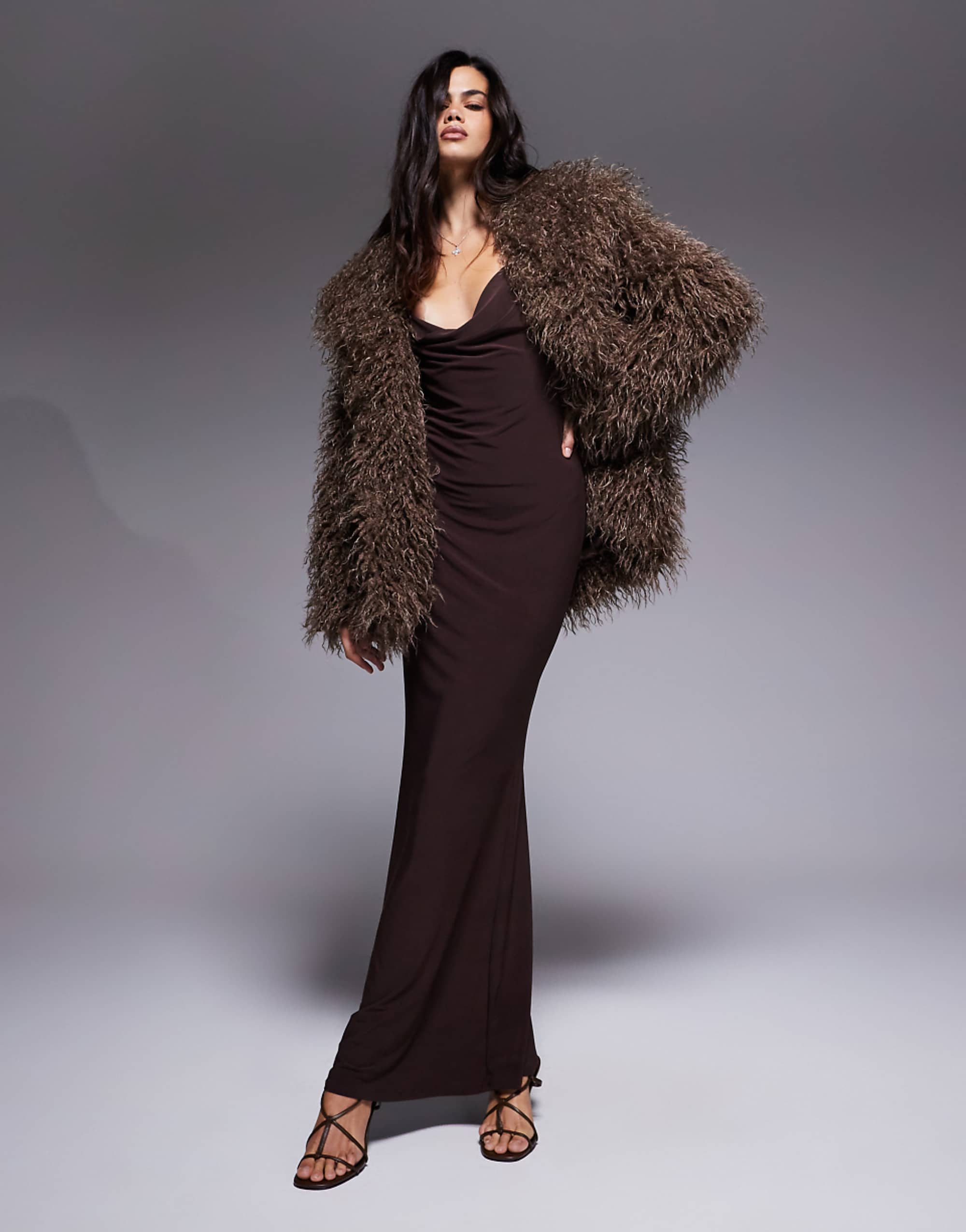 Asos Design Cowl Drape Maxi Slip Dress With Faux Bra Strap in Chocolate