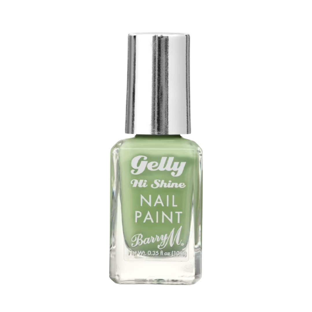 A product shot of Barry M Gelly Hi Shine Nail Paint Pistachio (a pastel green), on a white background