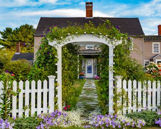 front garden with white picket fence and arch with climbing plants
