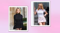 Sydney Sweeney pictured wearing micro skirts in a pink two-picture template