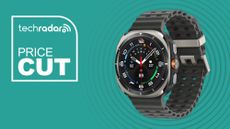 Samsung galaxy Watch ultra on a green background with the text price cut