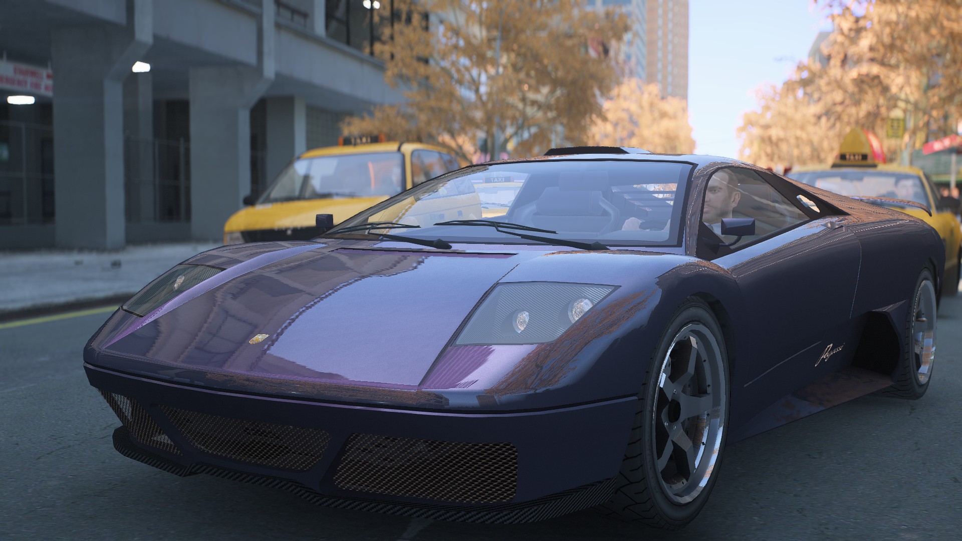 A sporty purple Pegassi from Grand Theft Auto 4 with Niko Bellic driving.