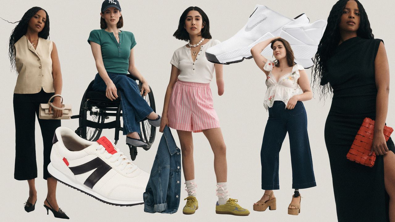 A collage of images from Anthropologie&#039;s adaptive fashion campaign starring influencers April Lockhart, Bri Scalesse, Allison Lang, and Maya Moore, as well as product images of hands-free shoe designs by Kizik and Nike.