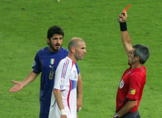 France's Zinedine Zidane is shown a red card in the 2006 World Cup final against Italy.