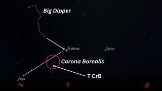 night sky graphic labelling the constellation Corona Borealis, and the blaze star.