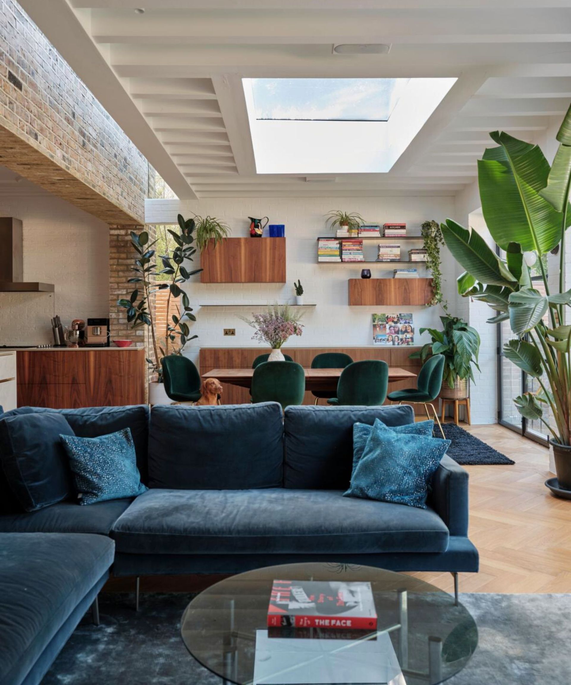 Open plan living area with view across to dining area and kitchen, wooden floor with rugs, exposed brick wall and white beamed ceiling with skylight.