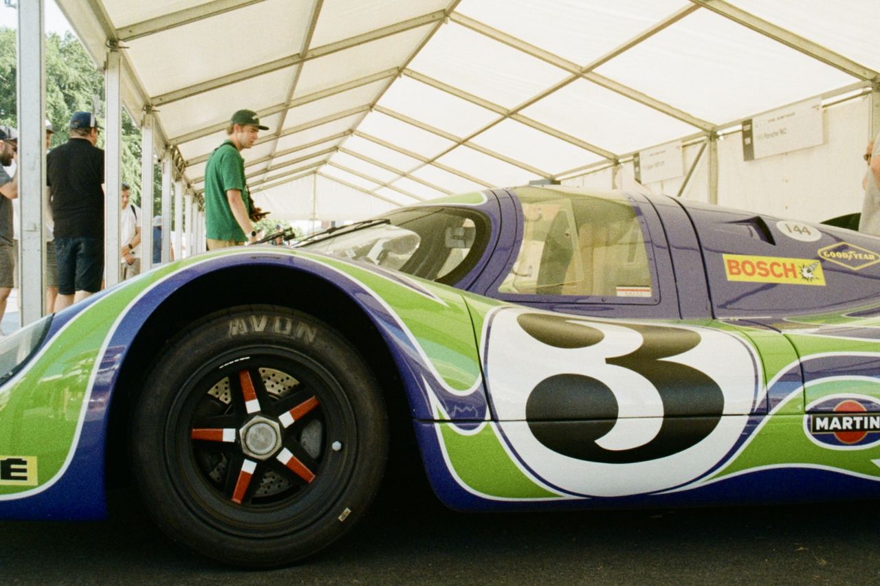 Details of the very cosmic green, purple and white Porsche 917