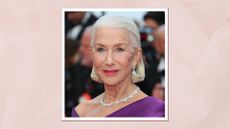 Helen Mirren is pictured with a sleek bob and wearing a purple dress whilst attending the "La Plus Precieuse Des Marchandises" (The Most Precious Of Cargoes) Red Carpet at the 77th annual Cannes Film Festival at Palais des Festivals on May 24, 2024 in Cannes, France/ in a pastel pink template