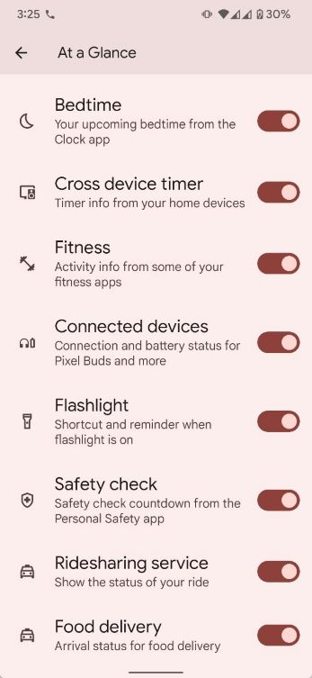Google Pixel's At a Glance widget settings showing various toggles