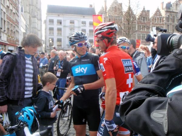 Rivals on the bike, mates off: Juan Antonio Flecha (Sky) and Fabian Cancellara (Saxo Bank) chat at the start in Antwerp