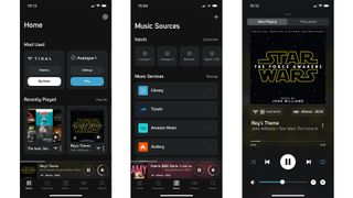 Three screenshots of BluOS app showing home screen, music sources list and now playing screen