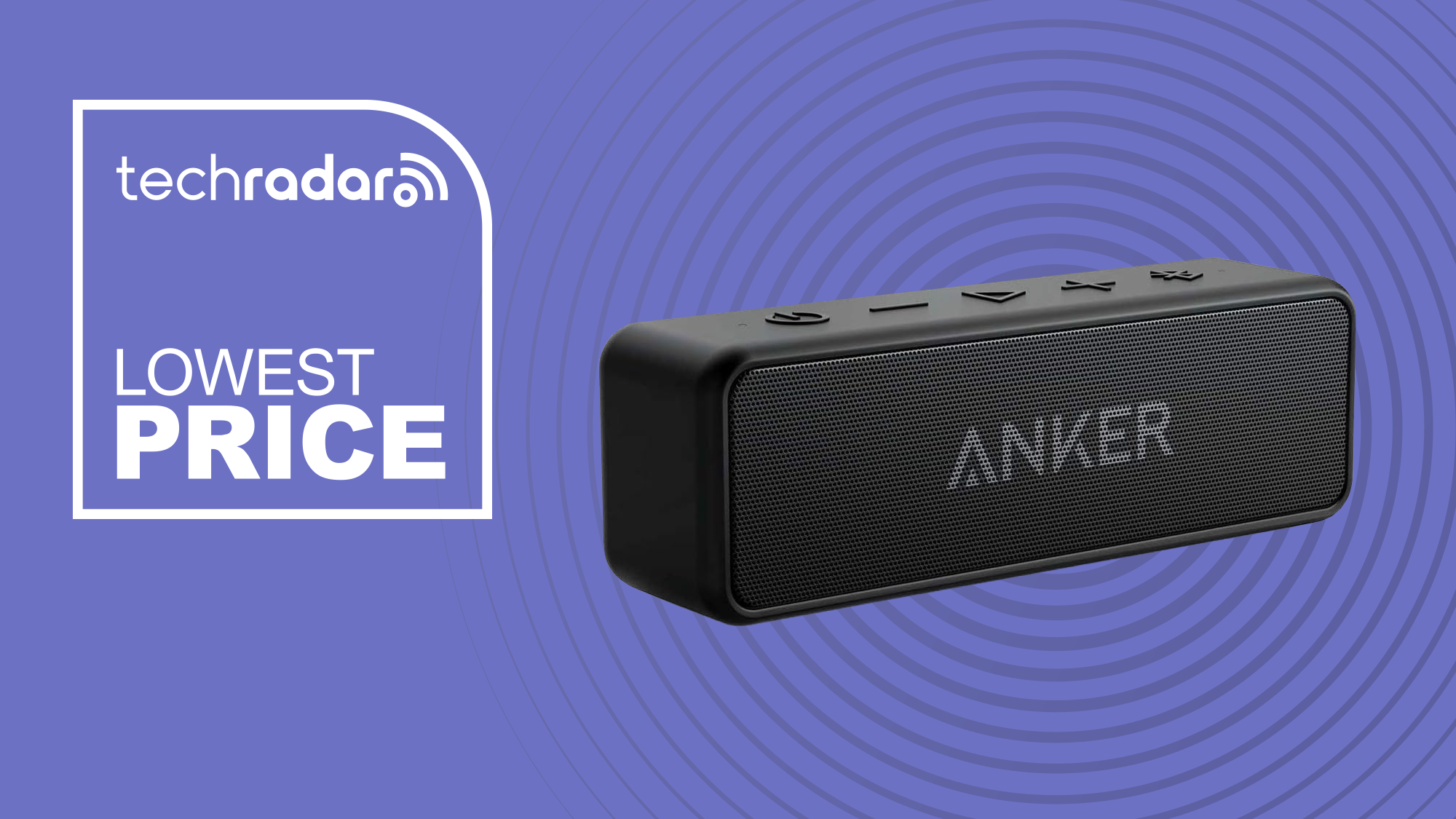 The Anker Soundcore 2 in front of a purple background with a label reading &#039;Lowest price&#039;.