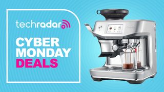 A Breville coffee maker on a blue background with text 'TechRadar Cyber Monday deals'