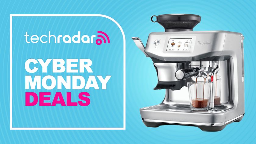A Breville coffee maker on a blue background with text &#039;TechRadar Cyber Monday deals&#039;