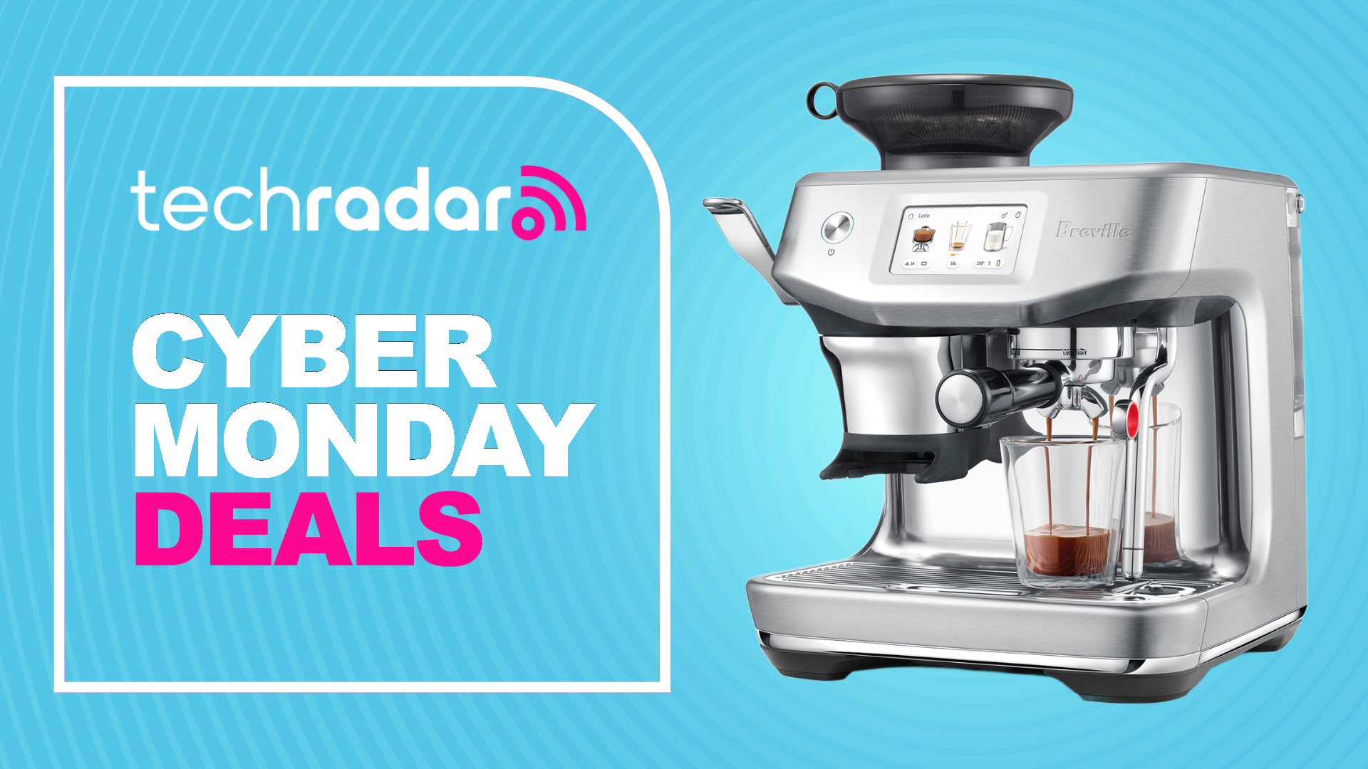 A Breville coffee maker on a blue background with text 'TechRadar Cyber Monday deals'