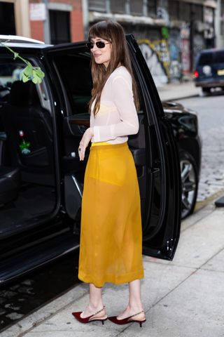 Dakota Johnson in a see through skirt and see through shirt in New York City