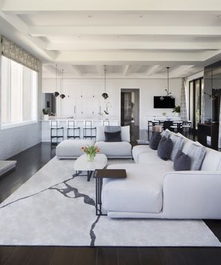 Living room feng shui ideas - A white family room in an open-plan living and kitchen space