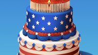 The Economist America at 250 Cover showing a large birthday cake decorated with US flag decorations and topped with matches, of which one is alight