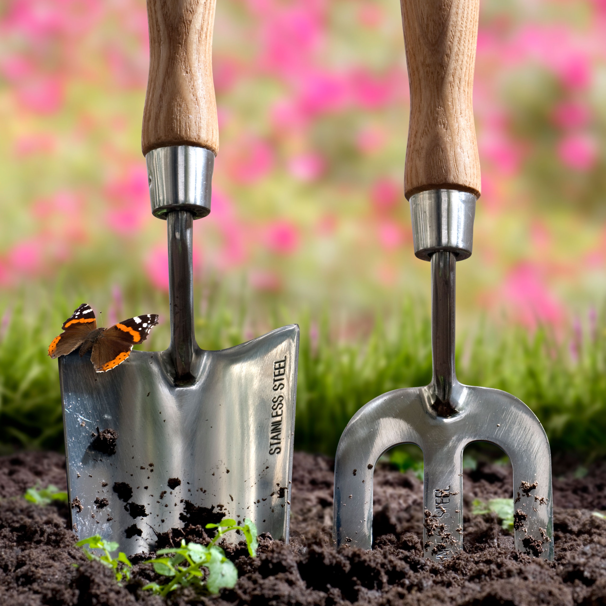 garden trowel and garden fork in garden soil with butterfly and pink flowers in background