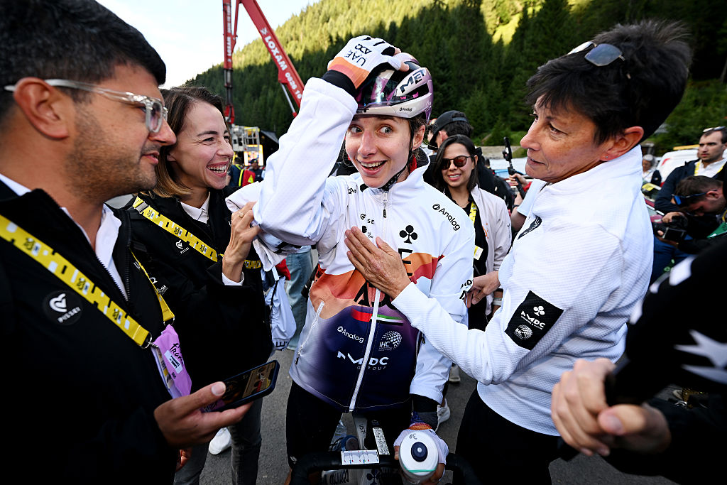 CHATEL LES PORTES DU SOLEIL, FRANCE - AUGUST 03: Dominika Wlodarczyk of Poland and UAE Team ADQ reacts after the 4th Tour de France Femmes 2025, Stage 9 a 124.1km stage from Praz-sur-Arly to Chatel Les Portes du Soleilon 1298m / #UCIWWT / August 03, 2025 in Chatel Les Portes du Soleil, France. (Photo by Tim de Waele/Getty Images)