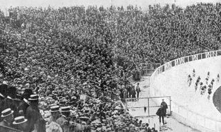 Riders contest the 100km track race at the 1908 London Olympics