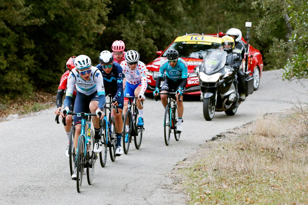 AUBAGNE FRANCE MARCH 11 Yevgeniy Fedorov of Kazahkstan and Team Astana Qazaqstan Sbastien Grignard of Belgium and Team Lotto Soudal Johan Jacobs of Switzerland and Movistar Team Valentin Madouas of France and Team Groupama FDJ polka dot mountain jersey Julius Van Den Berg of Netherlands and Team EF Education Easypost and Victor Koretzky of France and Team BB Hotels PB KTM compete in the breakaway during the 80th Paris Nice 2022 Stage 6 a 2136km stage from Courthzon to Aubagne ParisNice WorldTour on March 11 2022 in Aubagne France Photo by Bas CzerwinskiGetty Images