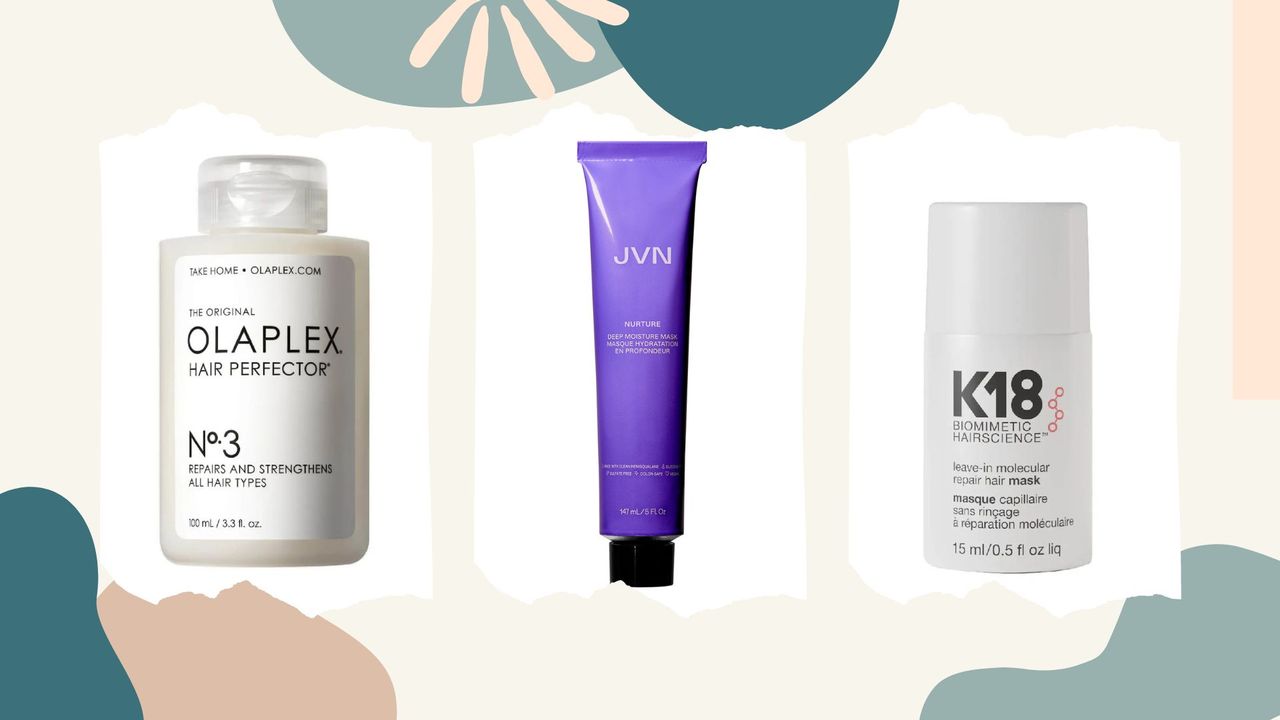 A selection of the best treatments for damaged hair, including Olaplex, JVN&#039;s Mask and K18 on a swirly background