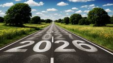 The year "2026" appears in bold on the surface of a country road, with the following years in faded white going off into the distance.