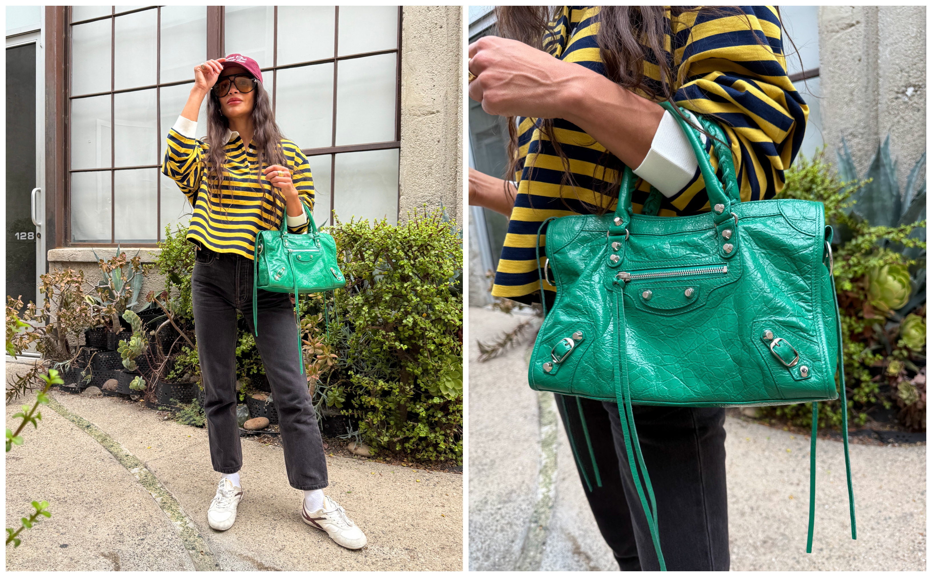 collage of Sophie Lopez wearing a striped shirt , track pants, sneakers, and a Balenciaga bag