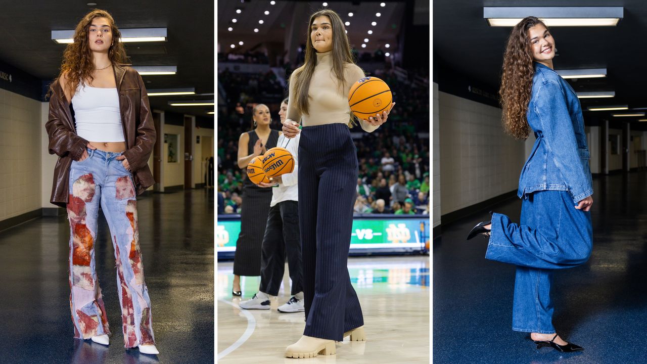 Notre Dame women&#039;s basketball player Maddy Westbeld posing in the tunnel at various games throughout the 2024-25 season.