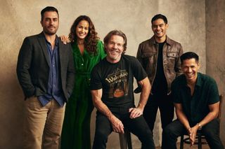 (L-R) Director Julio Quintana, Jaina Lee Ortiz, Dennis Quaid, Julian Works and Jay Hernandez of the film The Long Game