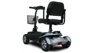 EV Rider Xpress 4 Wheel: An image showing the power scooter in Platinum Silver and with a mesh black shopping basket