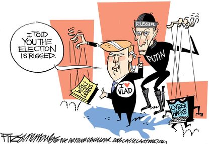 Political cartoon U.S. 2016 election Donald Trump Putin rigged election