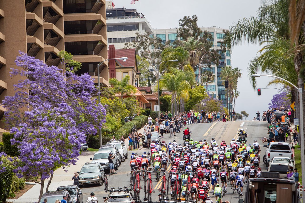 The peloton climbs from Old Town