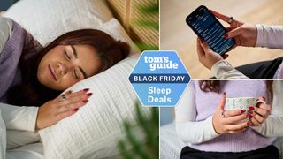 Our sleep tech reviewer wearing the silver Oura Ring 4 on right index finger in bed with white sheets in our sleep studio (left). Checking sleep analytics on Oura app on iPhone (top right) and holding a mug in front of purple jumper with silver Oura Ring 4 on index finger (bottom right), with Tom's Guide Black Friday sleep deals logo 