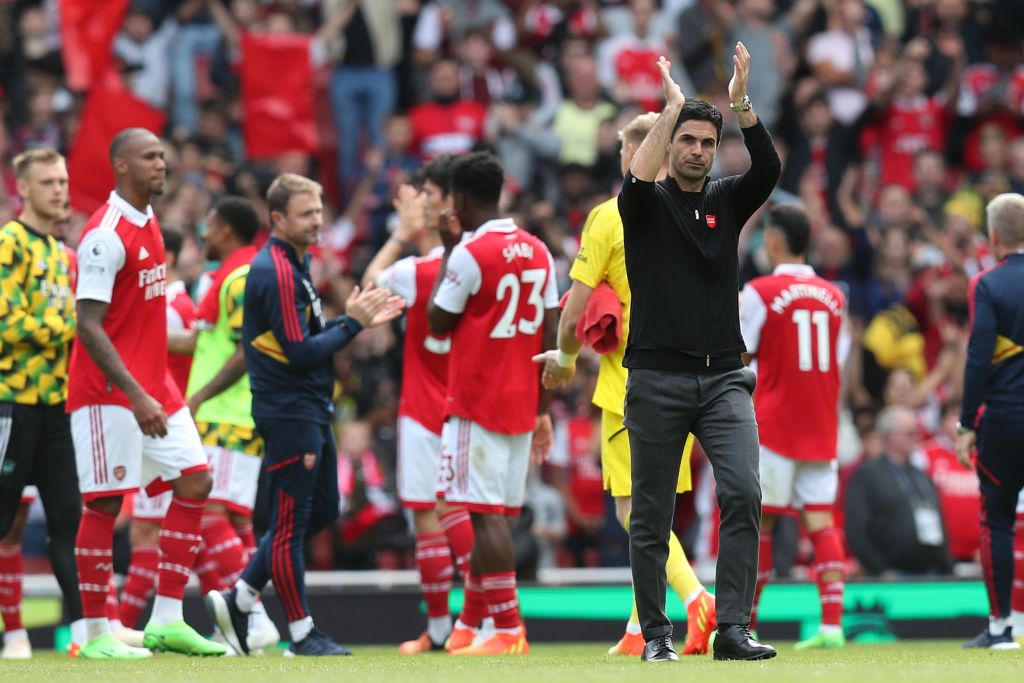 Arsenal manager Mikel Arteta applauds the supporters after the Premier League match between Arsenal FC and Tottenham Hotspur at Emirates Stadium on October 1, 2022 in London, United Kingdom.