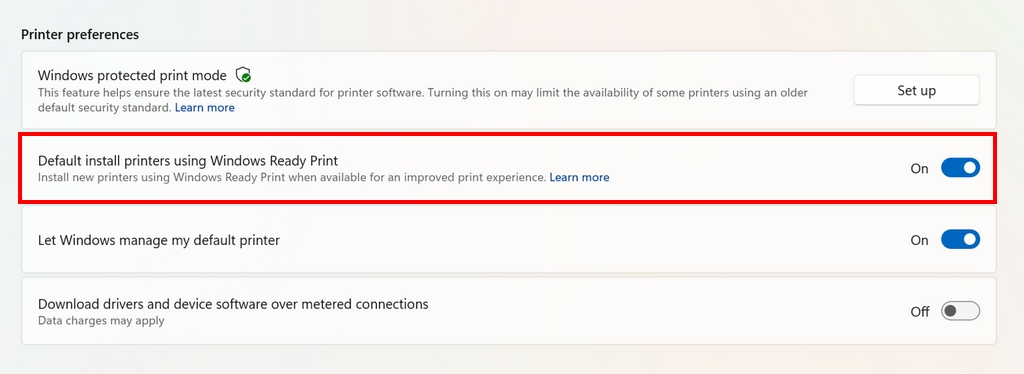 Printer preferences settings showing options for Windows Ready Print and printer management with toggles.