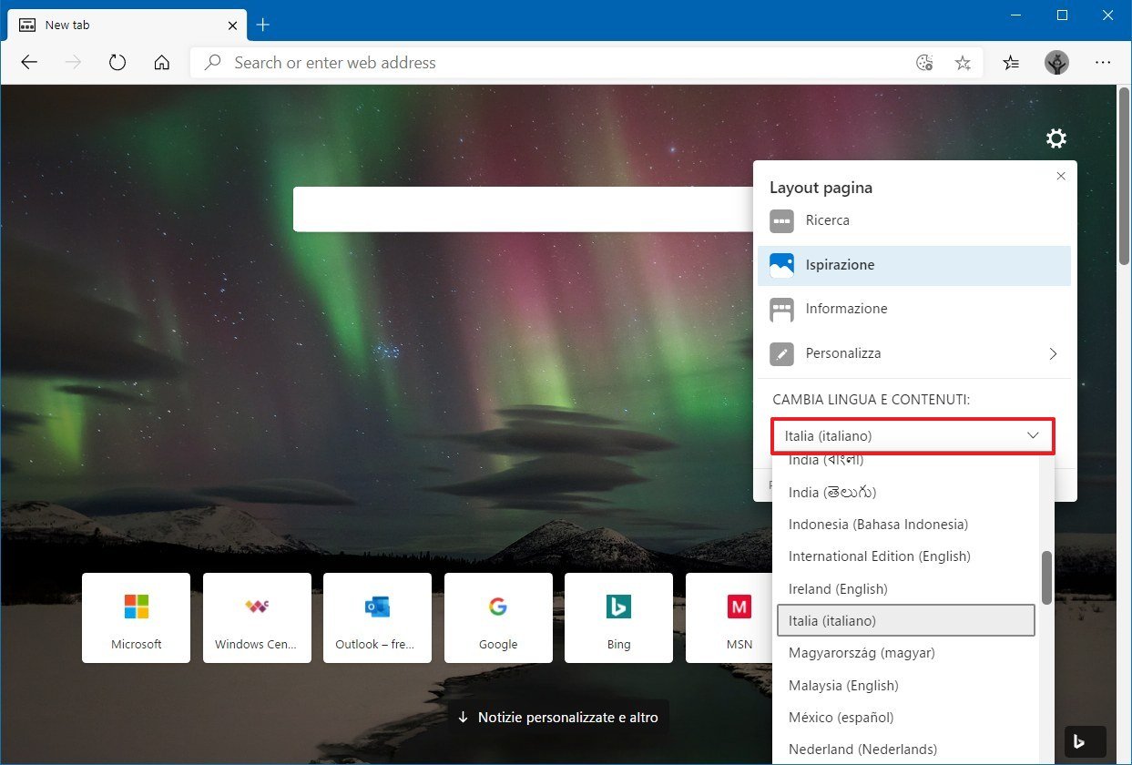 Microsoft Edge content language settings