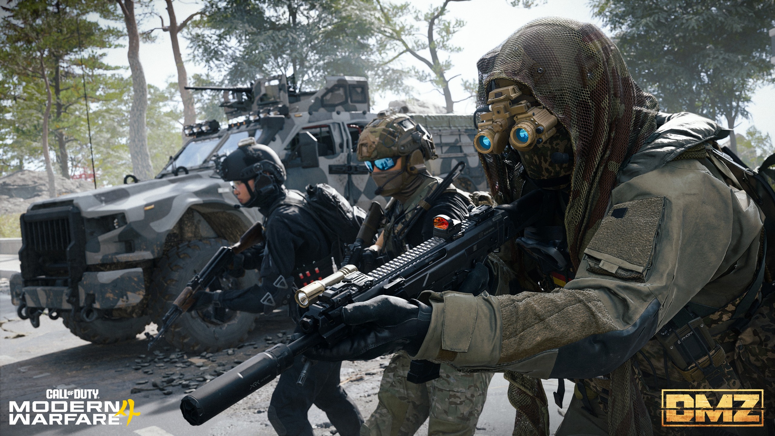 Artwork for Call of Duty: Modern Warfare 4 DMZ depicting three operators during infil into the Hajin Exclusion Zone.
