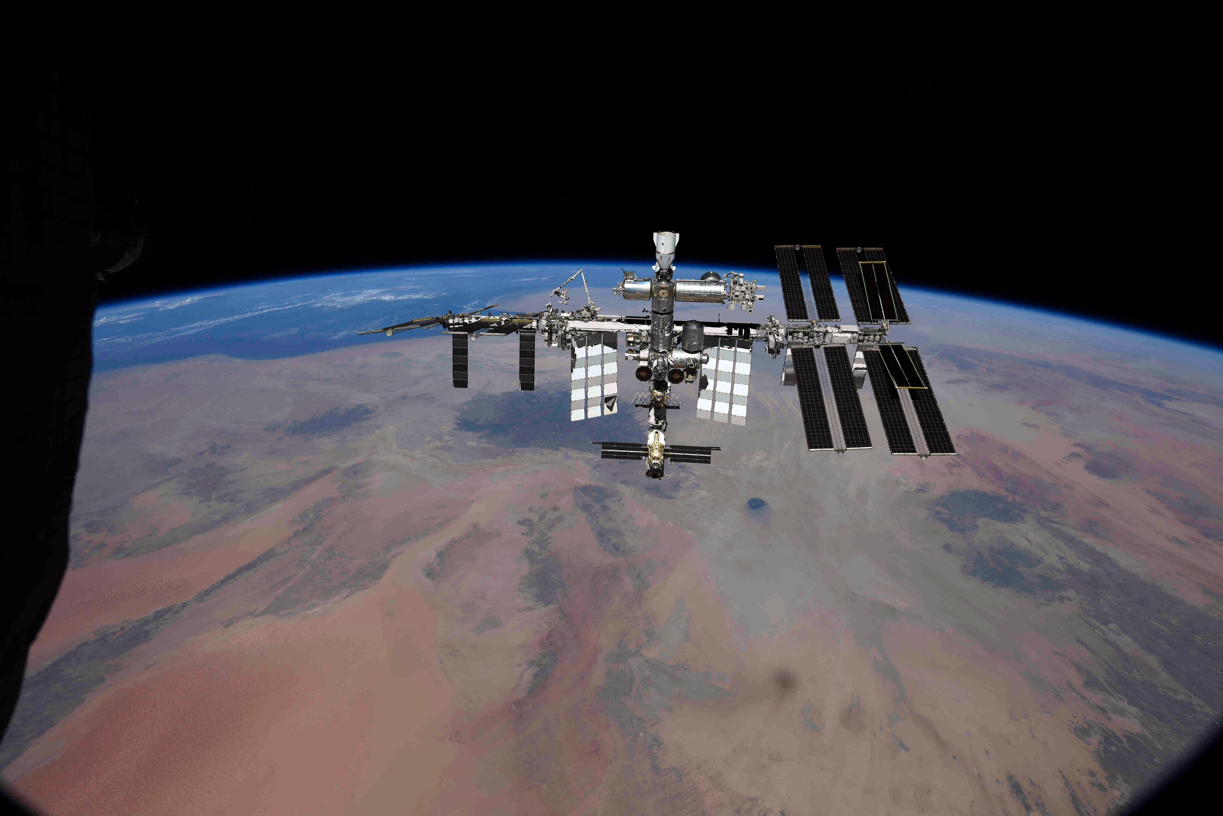 Image of the International Space Station with the Nauka module attached taken during a relocation of the Soyuz capsule in September 2021.