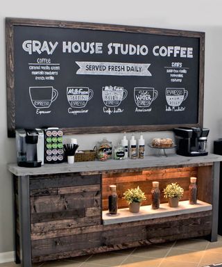 Cozy coffee bar wet-up with large chalk board feature