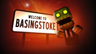 A cartoon zombie stands next to a "Welcome to Basingstoke" sign.