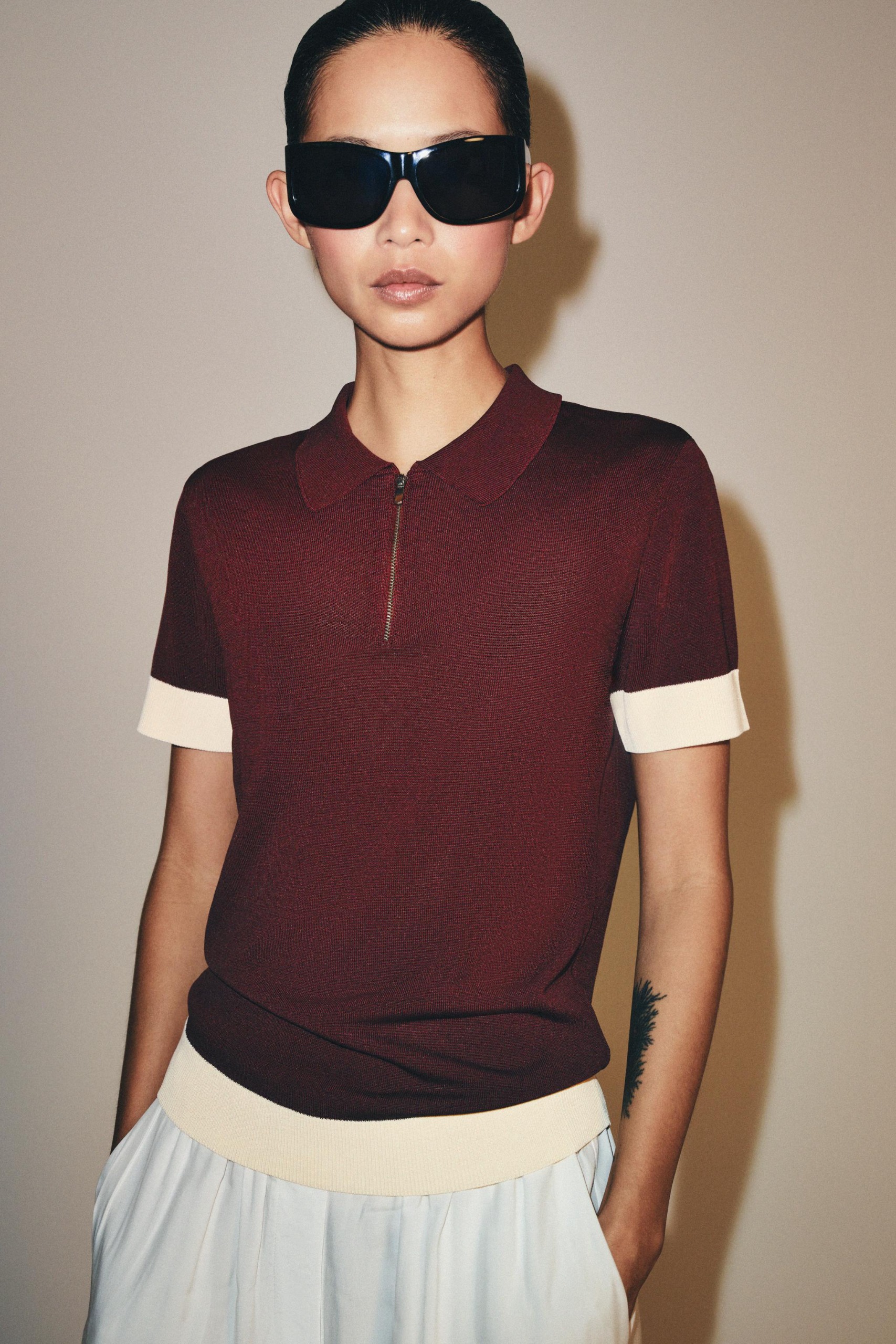 Knit Zip Polo Shirt - Burgundy - S